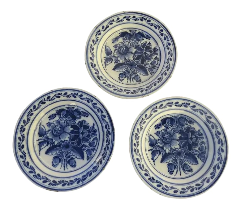19th Century Blue & White Delft Faience Plates Pottery - Set of 3 (1 of 4)