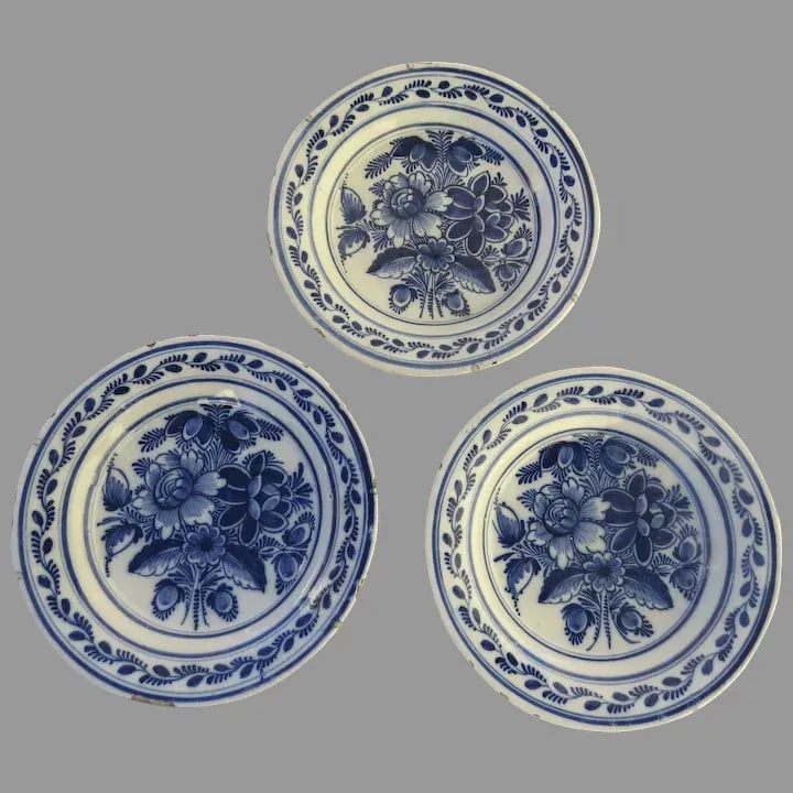 19th Century Blue & White Delft Faience Plates Pottery - Set of 3 - 4
