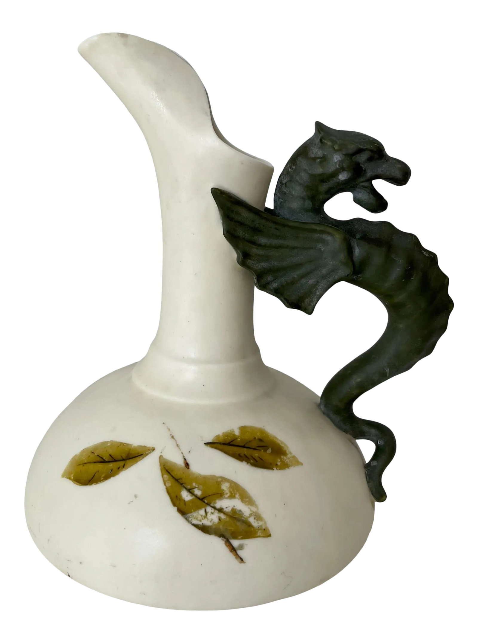 19th Century Victorian English Porcelain Dragon Ewer by Royal Worcester: A fine English porcelain antique Royal Worcester white ceramic ewer with an exaggerated shaped spout, a green serpentine shaped figural winged dragon form handle, and bulbous body decorated with excep