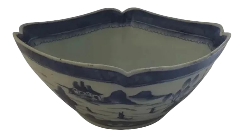 Chinese Export Blue and White Canton Bowl: Early 19th century Chinese export porcelain Canton blue & white fruit or salad bowl. Decorated on all sides with landscape scenes. Measures about 9 1/2" by 4". Good condition. Condition: Alterations: 