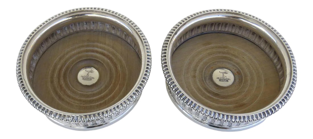 Early Sheffield Silver Wine Coasters with Silver Engraved Button and Gadrooned Border. - A Pair (1 of 6)