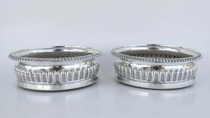 Early Sheffield Silver Wine Coasters with Silver Engraved Button and Gadrooned Border. - A Pair - 2