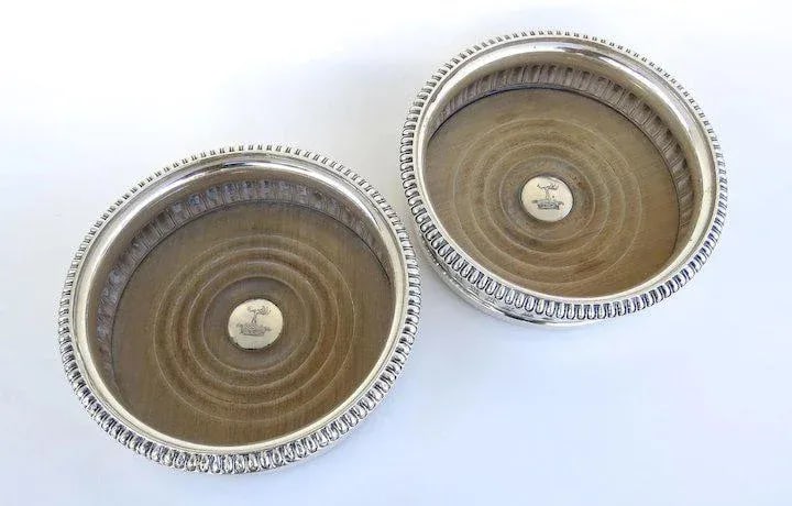Early Sheffield Silver Wine Coasters with Silver Engraved Button and Gadrooned Border. - A Pair - 3