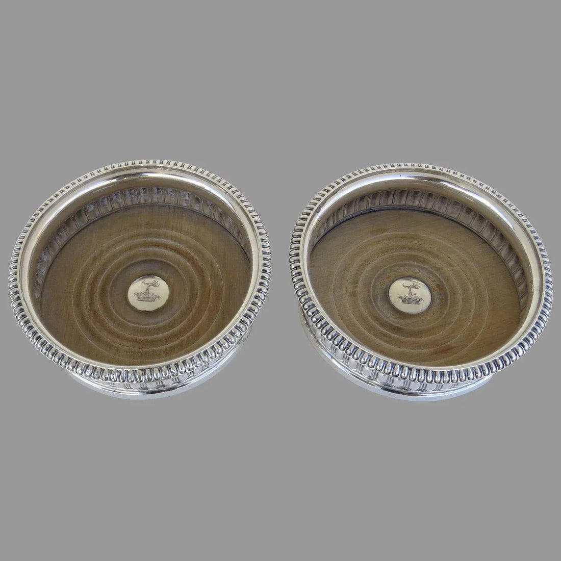 Early Sheffield Silver Wine Coasters with Silver Engraved Button and Gadrooned Border. - A Pair - 6
