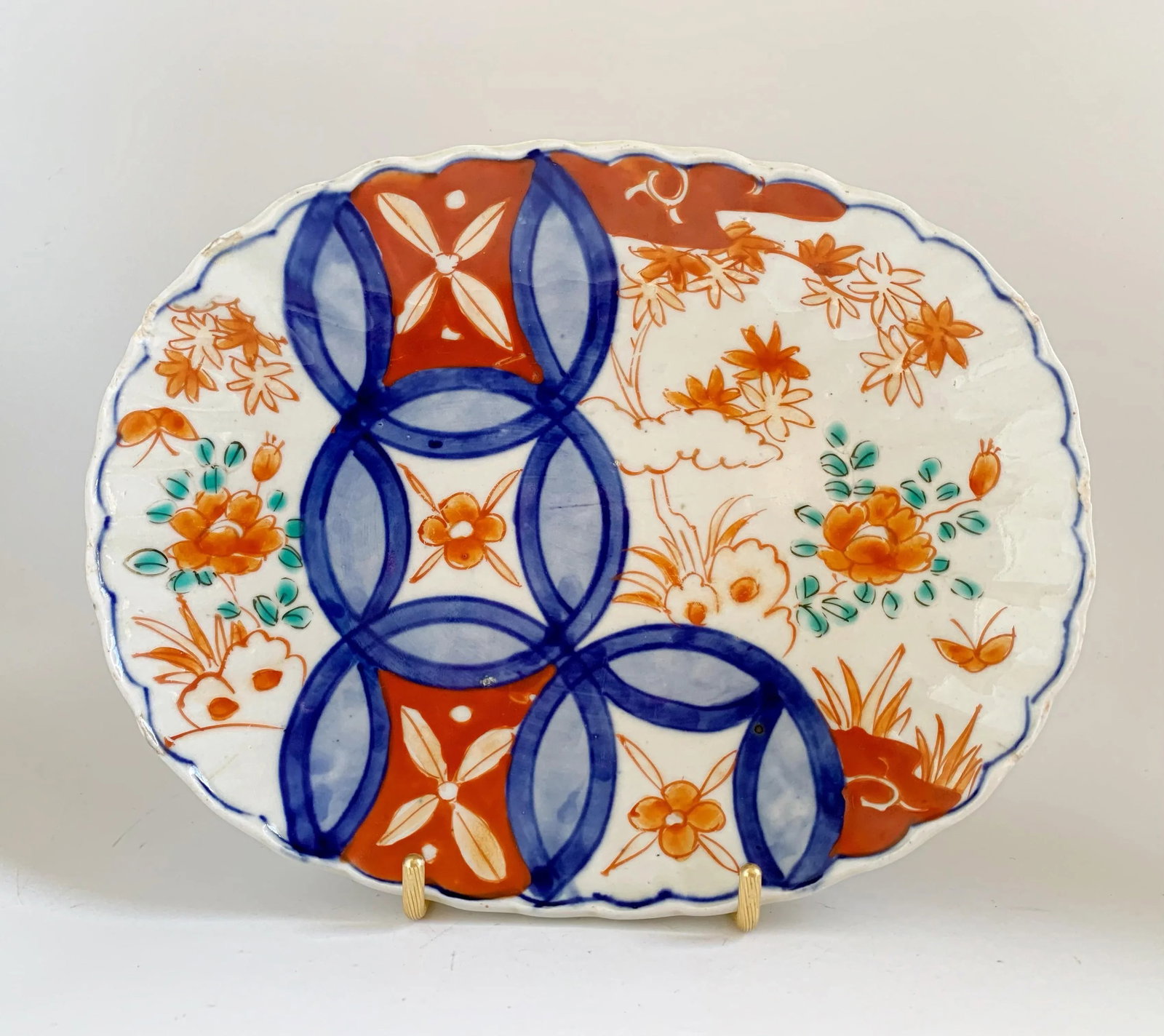 Antique Mid 19th Early Meiji Period Japanese Imari Oval Dish Charger Scalloped Rim - 13
