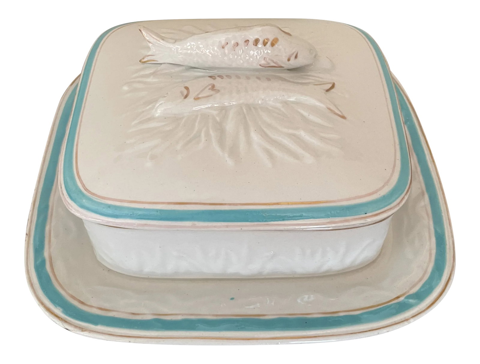 Antique Late 19th Century French Porcelain Sardine Box on Tray: A beautiful covered dish attached to an under tray with a lid decorated with sardines. Traditionally this would be used for sardines to be served but would be terrific for anything! The aqua trim is