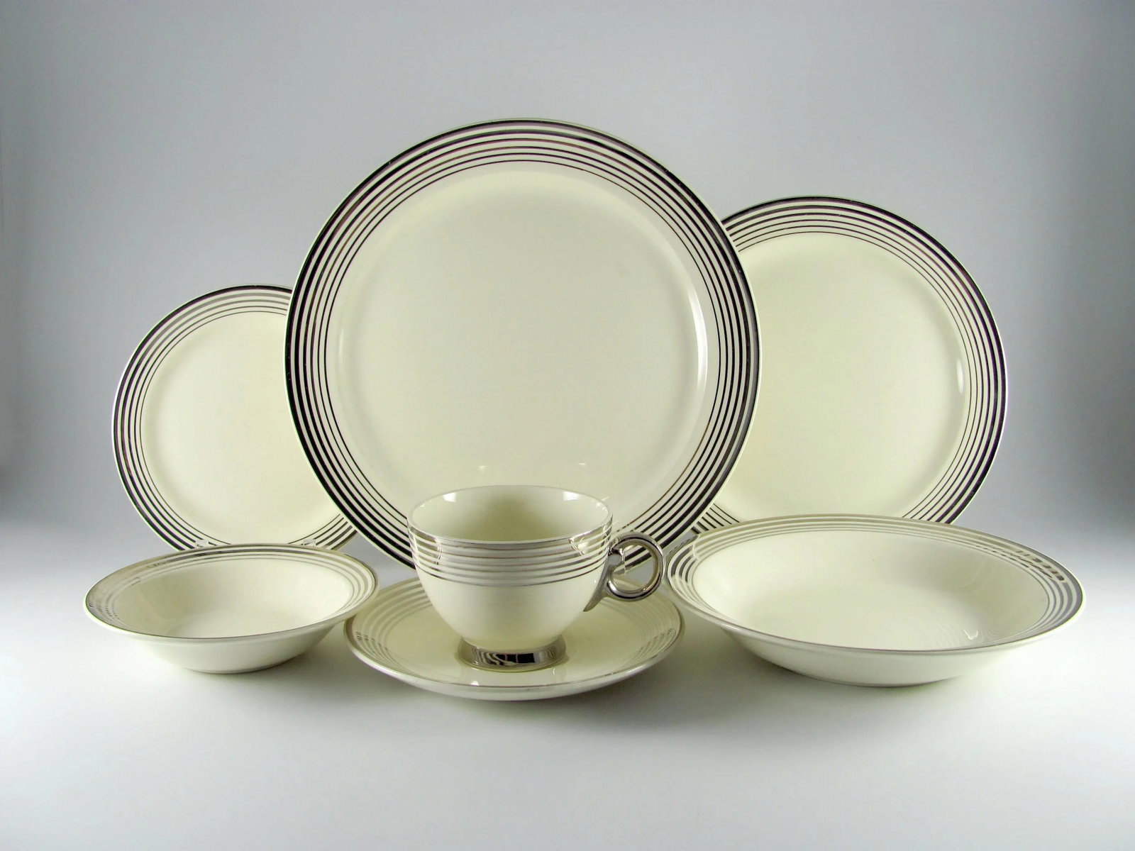 1940s Art Deco Platinum Bands Service for 4 Dinnerware Set - 28 Piece - 12