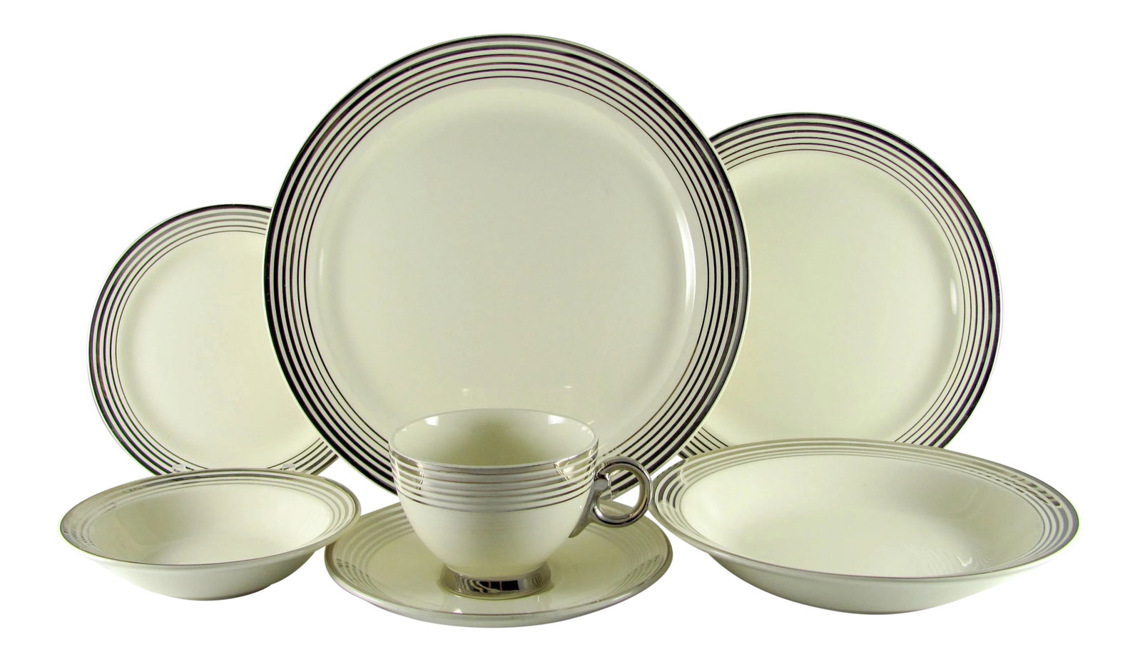 1940s Art Deco Platinum Bands Service for 4 Dinnerware Set - 28 Piece: This extremely well cared for 75 year old set of Taylor Smith & Taylor 1872 was a Service for 12, that we have split into a Service for 4 and Service for 8 (in a separate listing). Also see our