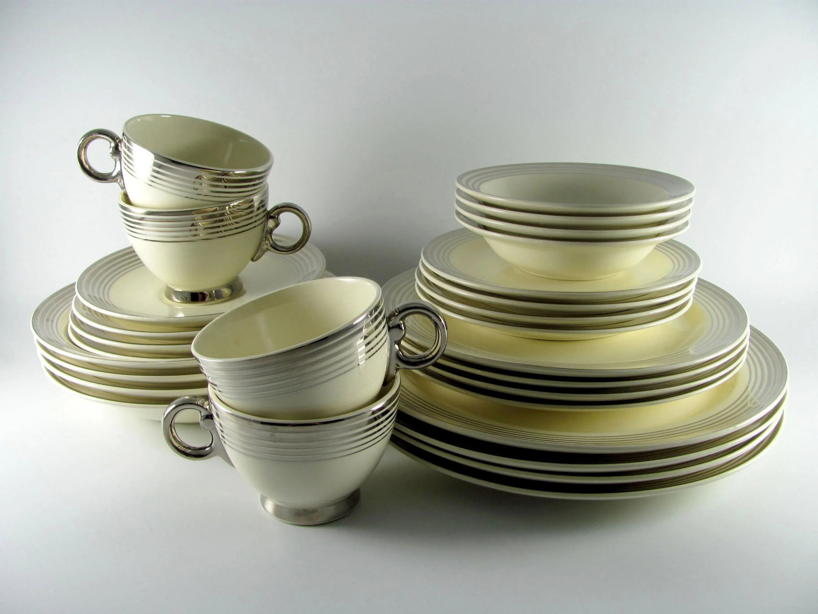 1940s Art Deco Platinum Bands Service for 4 Dinnerware Set - 28 Piece - 2