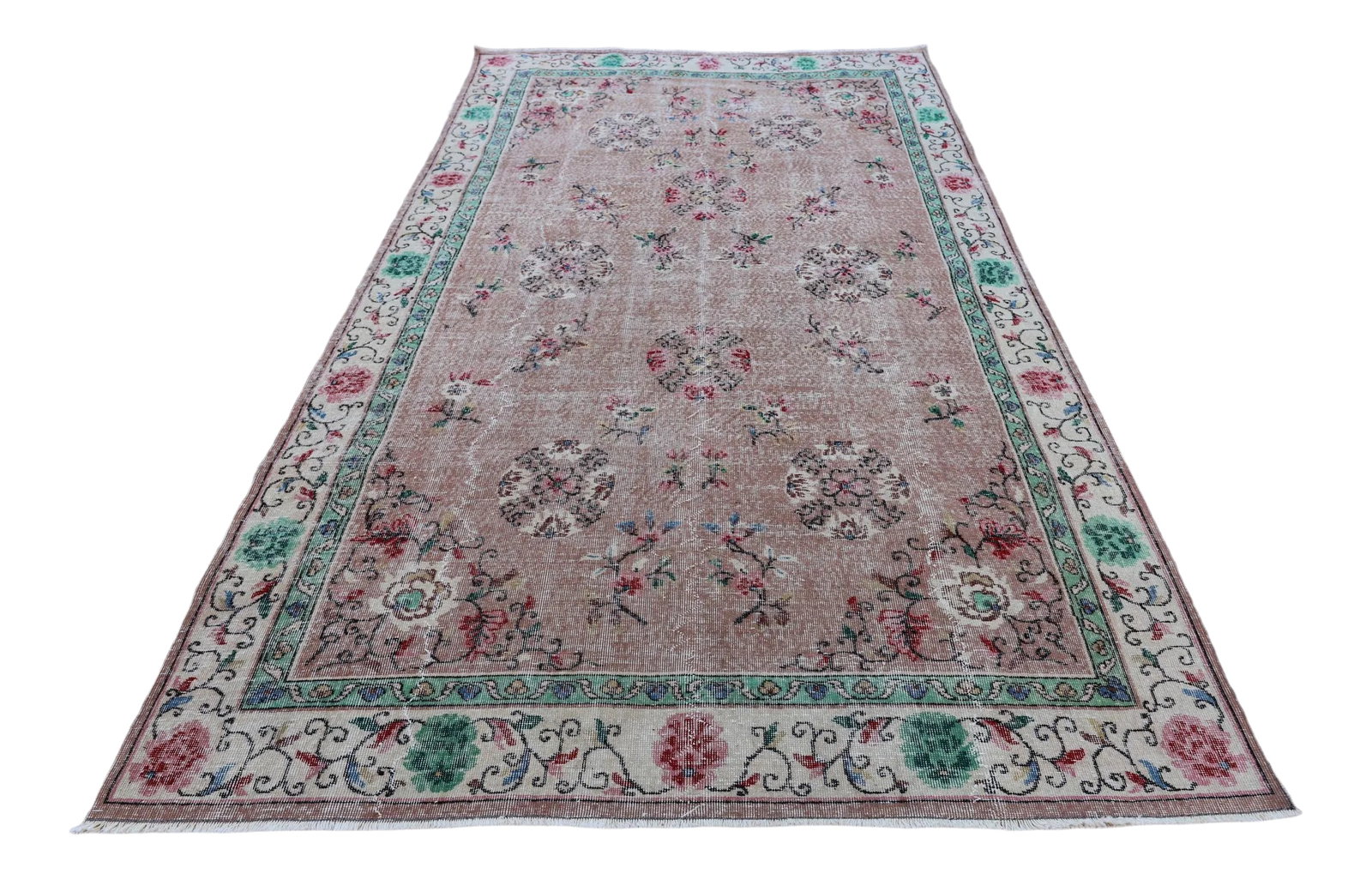 1980s English Green Floral Area Rug: Size: 7 x 10 ft - 213 x 302 cm - 84 x 119 inches Color: Organic Natural Dye ( Light Brown,Beige,Red,Black) Material: 100% Hand Spun Organic Wool Condition: Professionally washed and cleaned.Ready to u