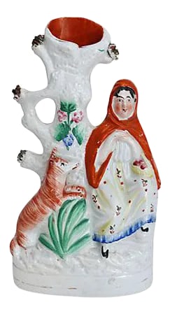 C.1860 English Staffordshire Red Riding Hood: 19th Century English Staffordshire Red Riding Hood and wolf figure. As with most early Staffordshire, there is no maker's mark. Made circa 1860. Light wear, crazing. Condition: Alterations: Original