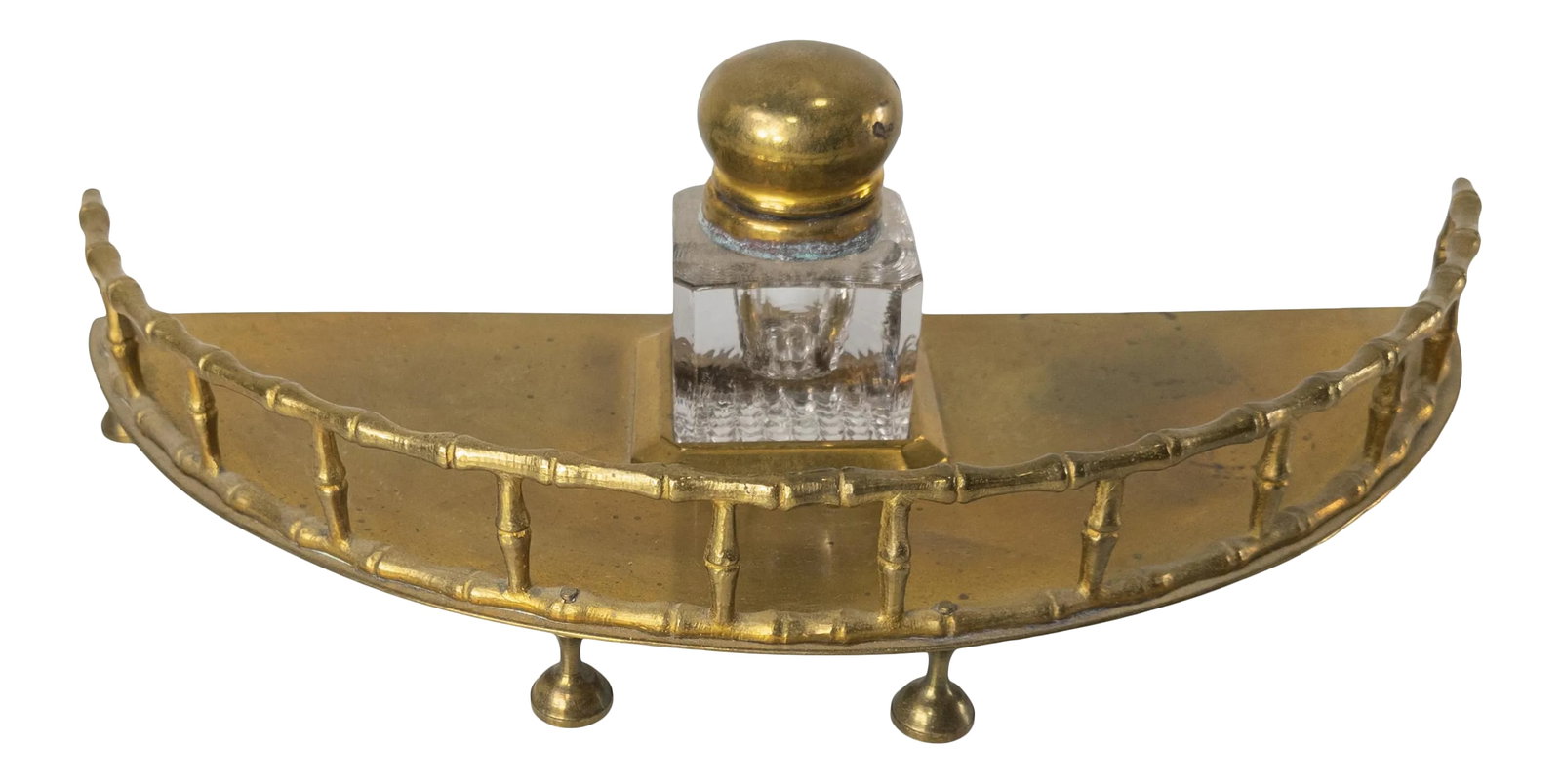 19th Century English Faux Bamboo Brass Inkwell Desk Set: We are selling this great brass or bronze inkwell with Faux bamboo gallery. This simple desk set is probably English or French and has a central simple clear glass inkwell. Condition: Good condition. 
