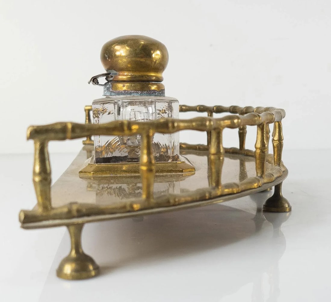 19th Century English Faux Bamboo Brass Inkwell Desk Set - 4