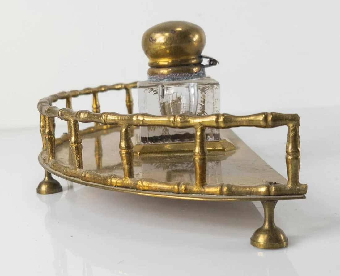 19th Century English Faux Bamboo Brass Inkwell Desk Set - 6