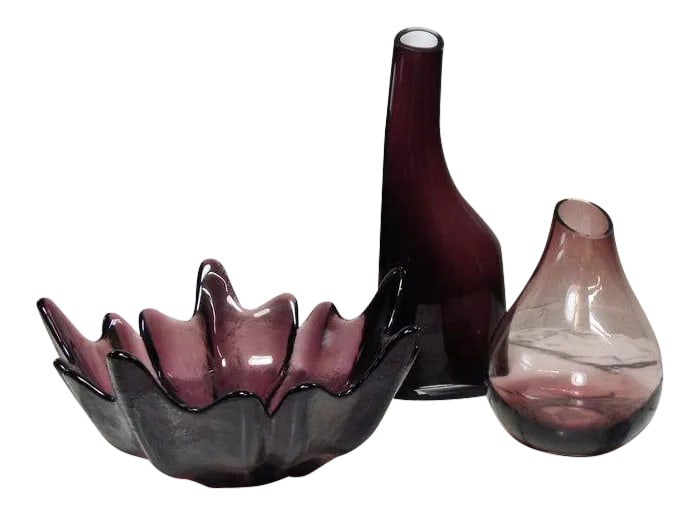 Vintage Purple Art Glass Vases - Set of 3: Group of 3 beautiful vintage purple art glass. A beautifully curated original art glass group. Colors are purple and clear glass. Very unique modern shapes. Nice textures and great color. Deep purple 