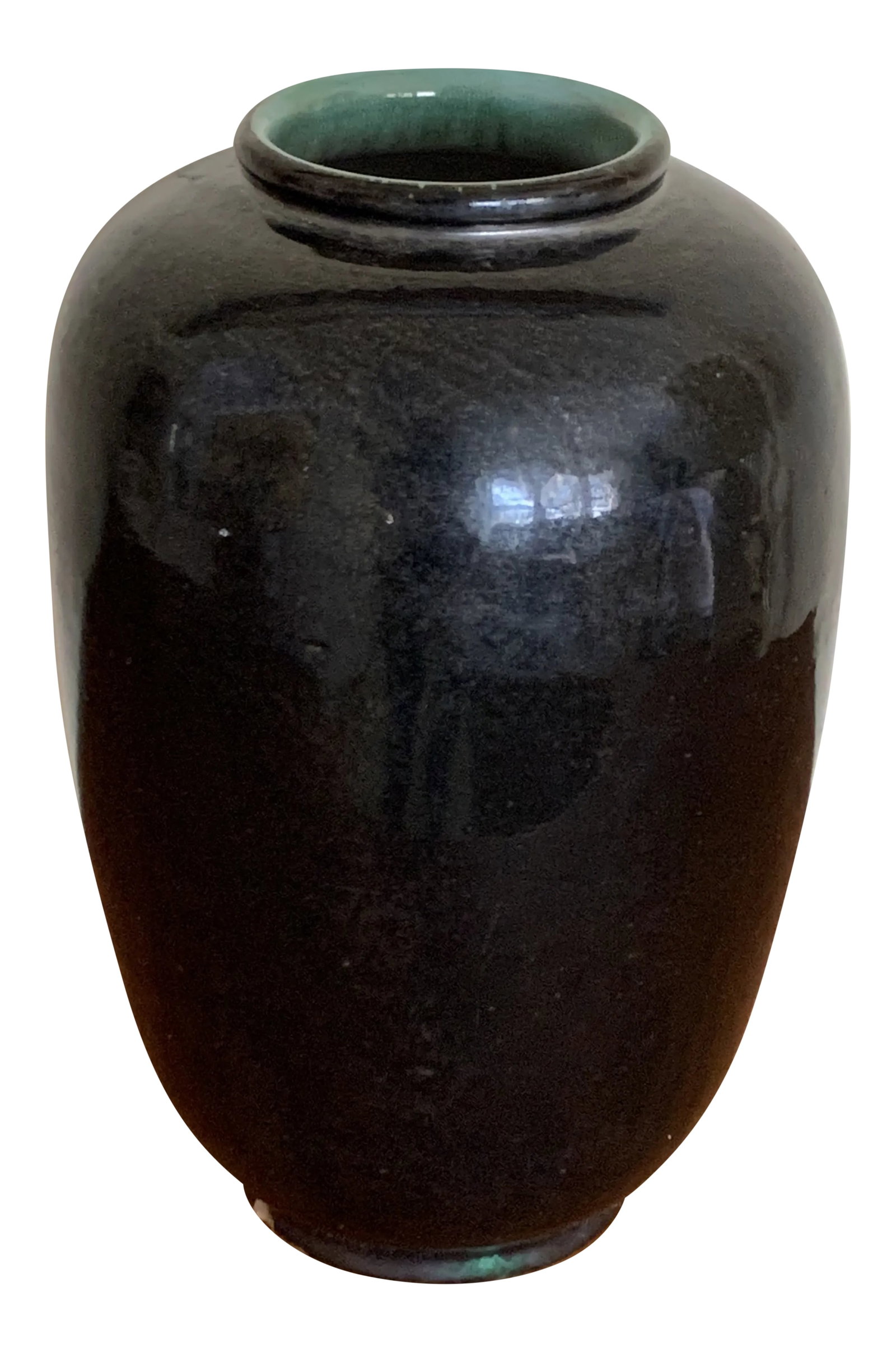 French Mid-Century Modern Black and Turquoise Vase: French mid-century vase with classic black glaze exterior and the sexy hint of turquoise at the lip of the vase, which continues in the interior. It is marked, "signed", but not legible. Bought in