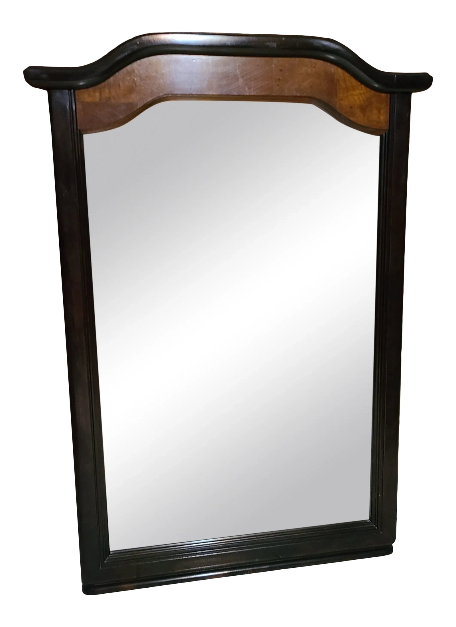 Vintage Broyhill Premier Asian Chinoiserie Ming Dynasty Wall Mirror: Vintage Asian style beveled mirror by Broyhill Premier from their Ming Dynasty collection. Made in Lenoir, North Carolina, USA, in the late 20th Century. The mirror features an ebonized edge and a