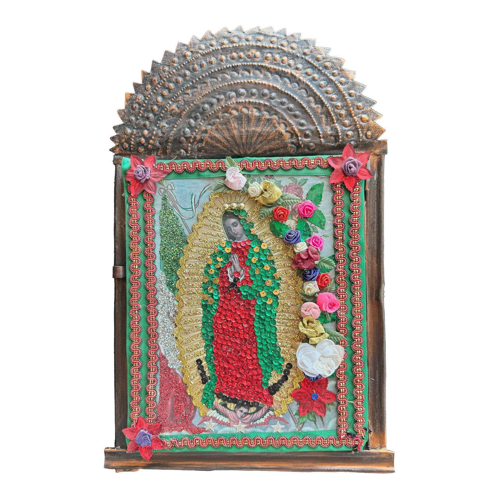 Large Mexican Devotional Nicho With Pressed Copper Frame: This vintage Mexican nicho shrine is a mixed-media devotional work assembled from metal, paper, and applied decorative elements including sequins, metallic trim, and fabric. Pieces like this were