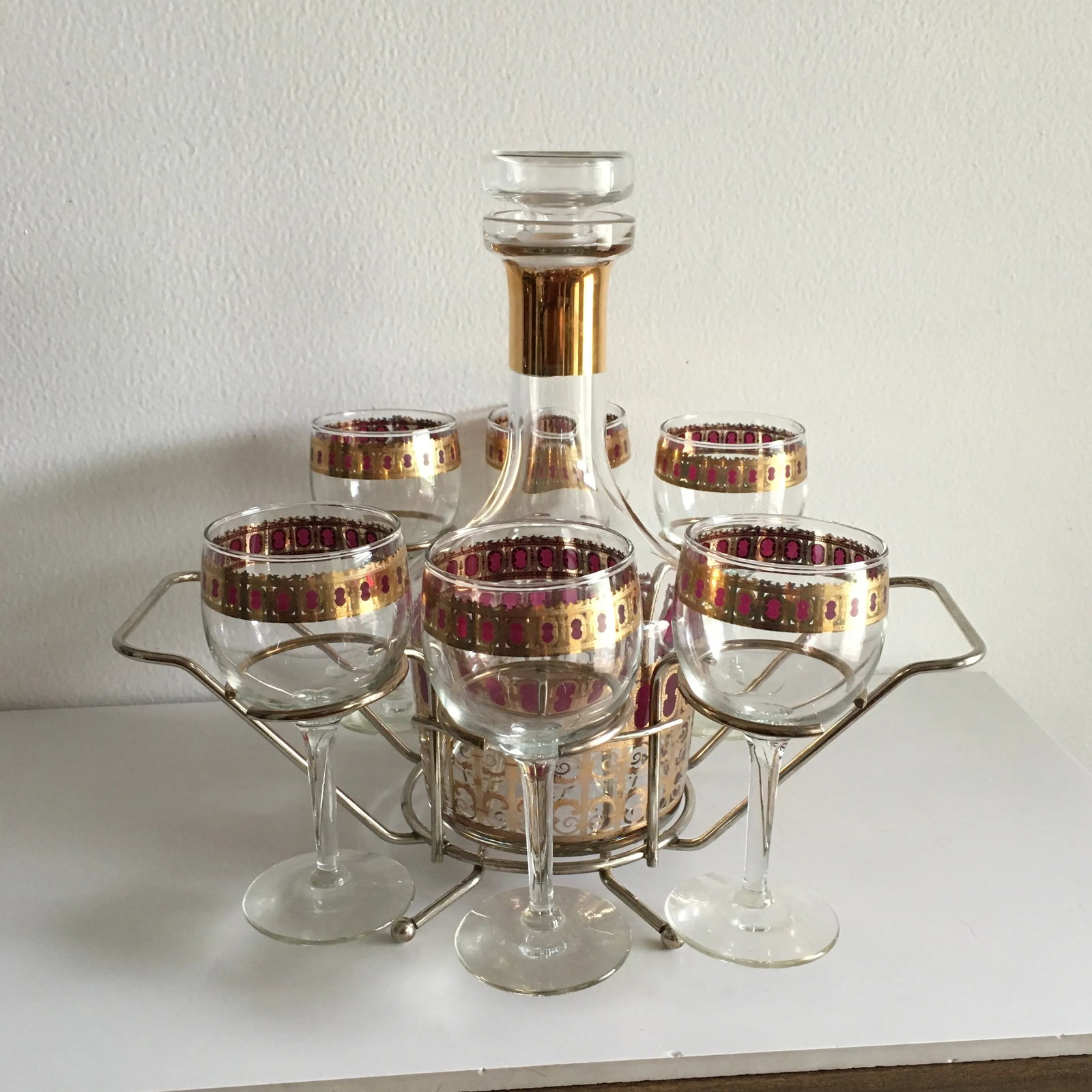 Vintage Culver Wine Glasses & Decanter With Holder- 7 Pieces - 8