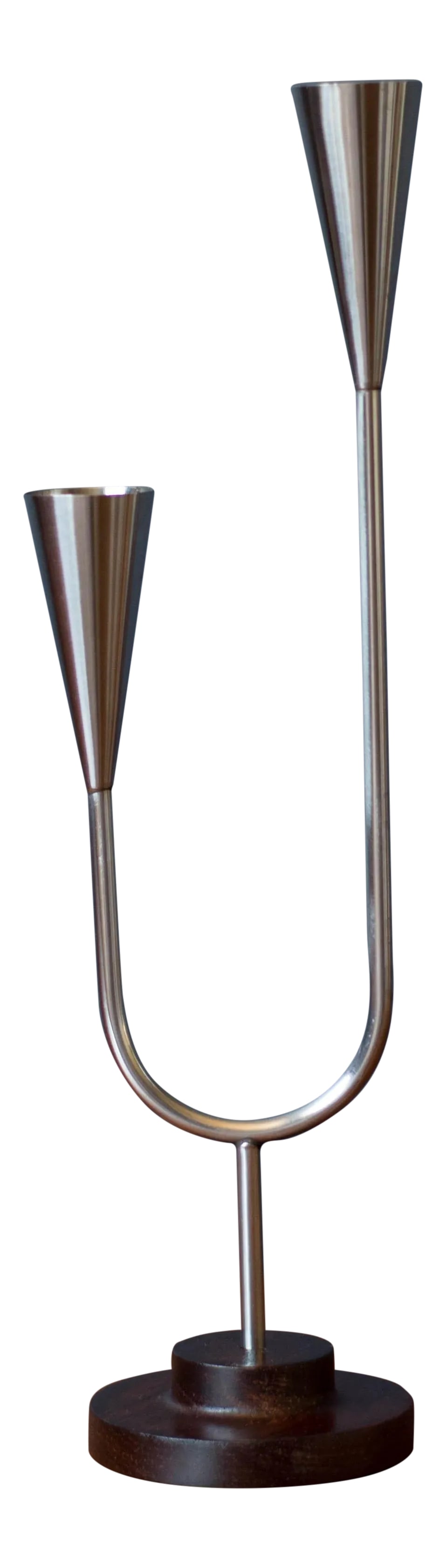 Danish Modern Lundtofte Rosewood and Stainless Steel Candle Holder: Mid-Century Modern candle holder manufactured by DFK Lundtofte, Denmark, c. 1960's. Features a solid rosewood pedestal base and a polished stainless steel stem that fits two taper candles. Condition: