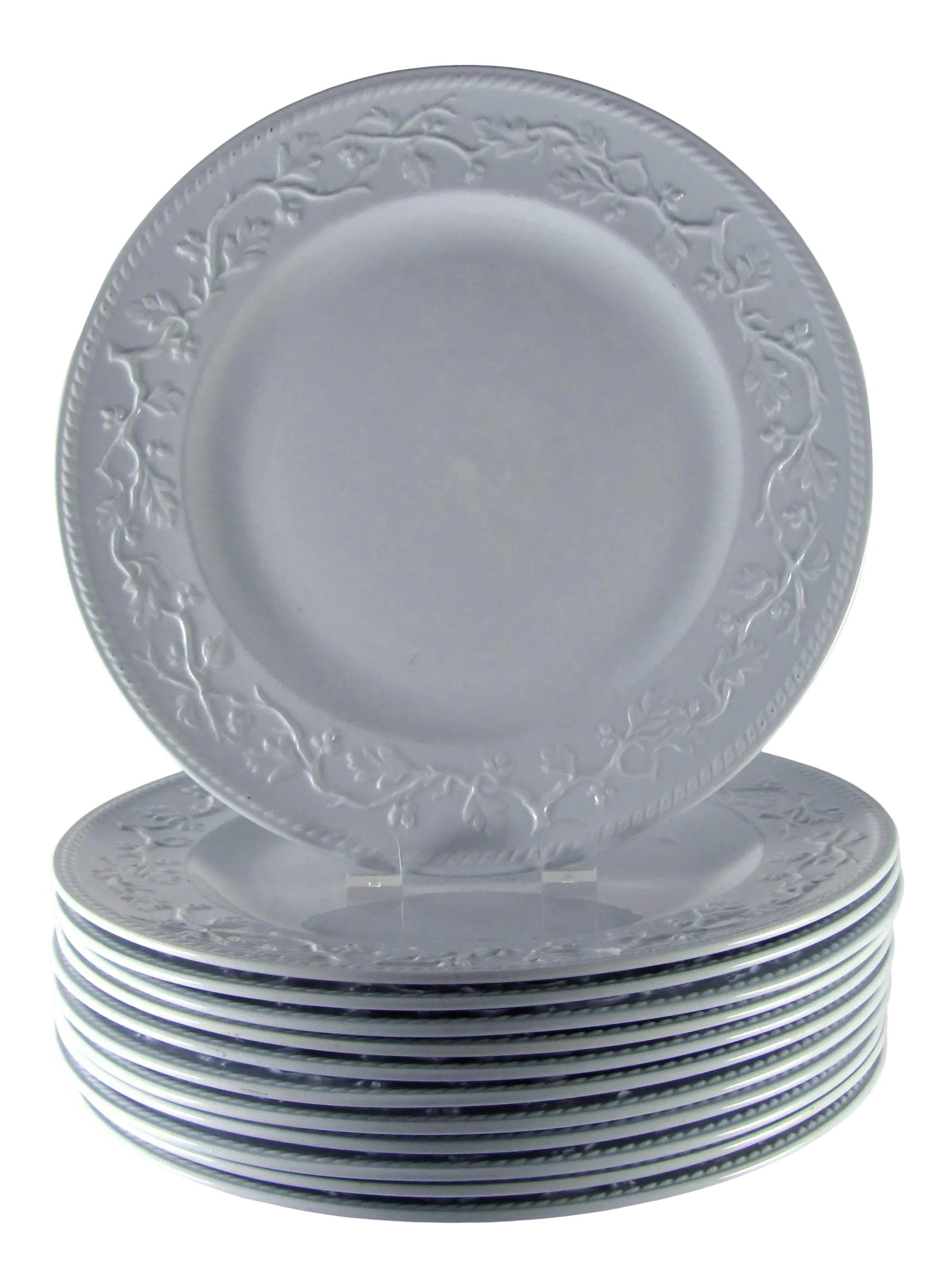 Copeland Spode Alenite Henry IV Dinner Plates - Set of 12: Although difficult to tell from our photos, the plates are a very light blue. The color could also be considered a light slate gray with a blue tint. Embossed around the rim is a rope-like pattern