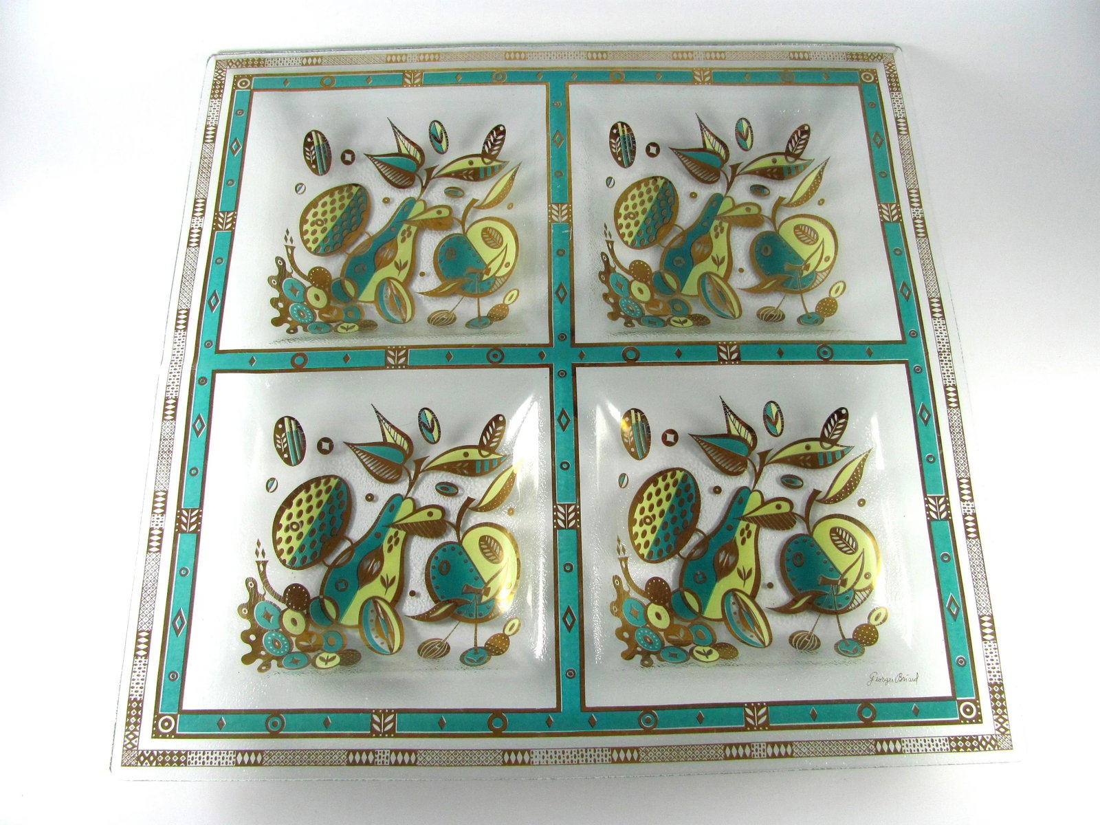 15" Georges Briard Teal Turquoise Seafoam Chartreuse Gold Forbidden Fruit Four Section Barware Glass - 11