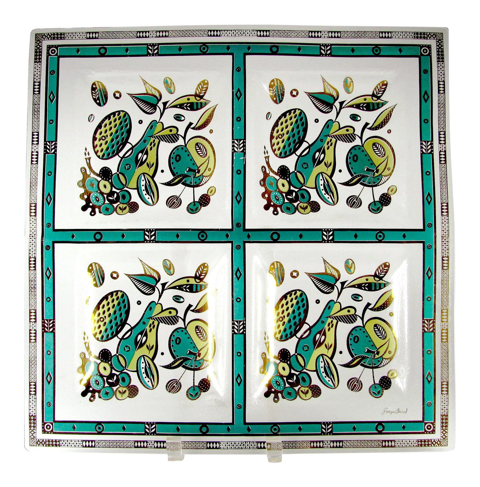 15" Georges Briard Teal Turquoise Seafoam Chartreuse Gold Forbidden Fruit Four Section Barware Glass: This stunning three color piece (gold gilt, teal/turquoise/seafoam, and chartreuse) has no fading of the graphics, no chips nor any cracks Obvious scratch marks loss of color in center stripe between 