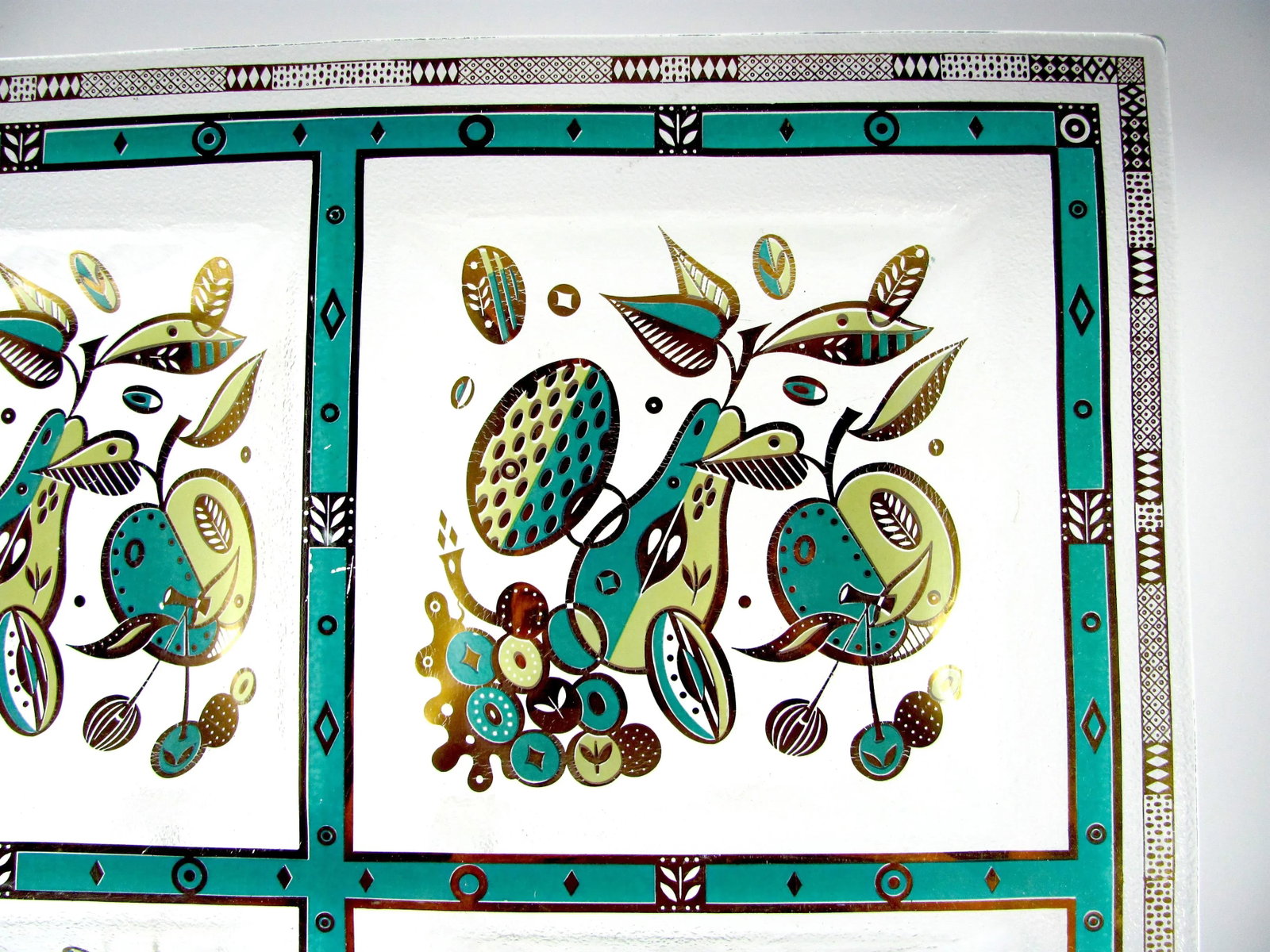 15" Georges Briard Teal Turquoise Seafoam Chartreuse Gold Forbidden Fruit Four Section Barware Glass - 4