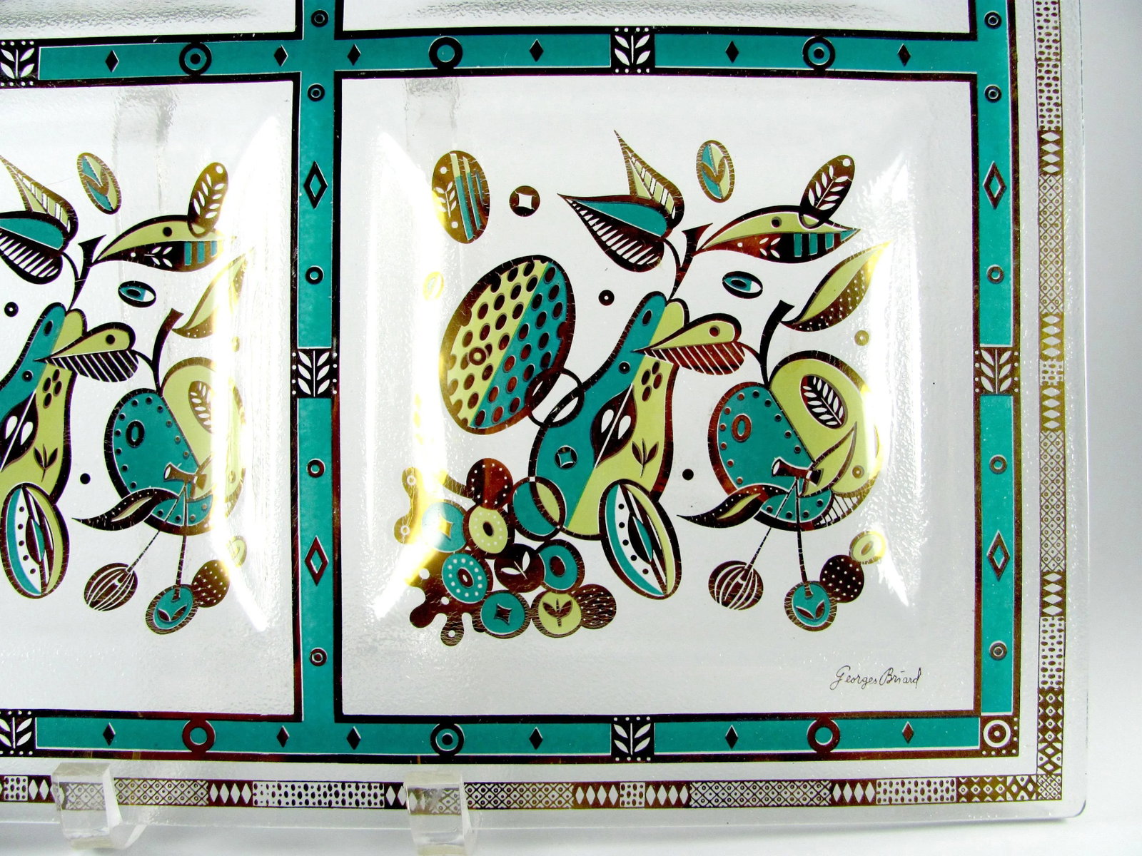 15" Georges Briard Teal Turquoise Seafoam Chartreuse Gold Forbidden Fruit Four Section Barware Glass - 5