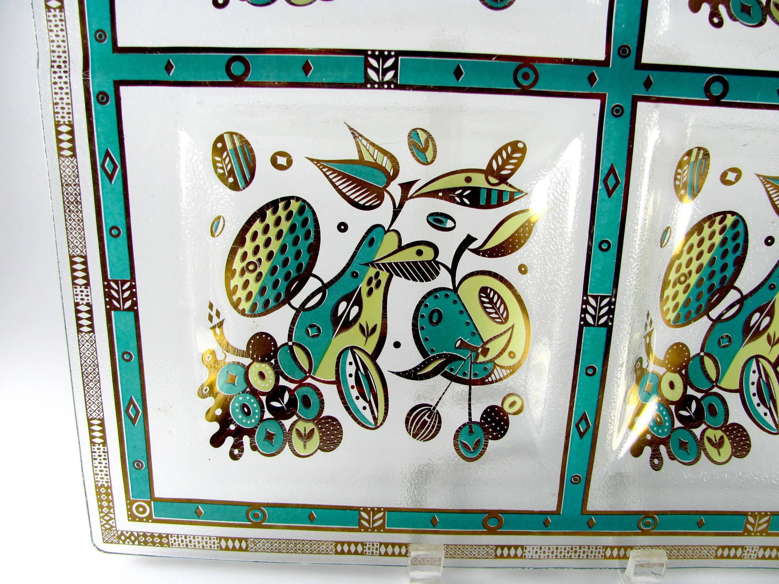 15" Georges Briard Teal Turquoise Seafoam Chartreuse Gold Forbidden Fruit Four Section Barware Glass - 7