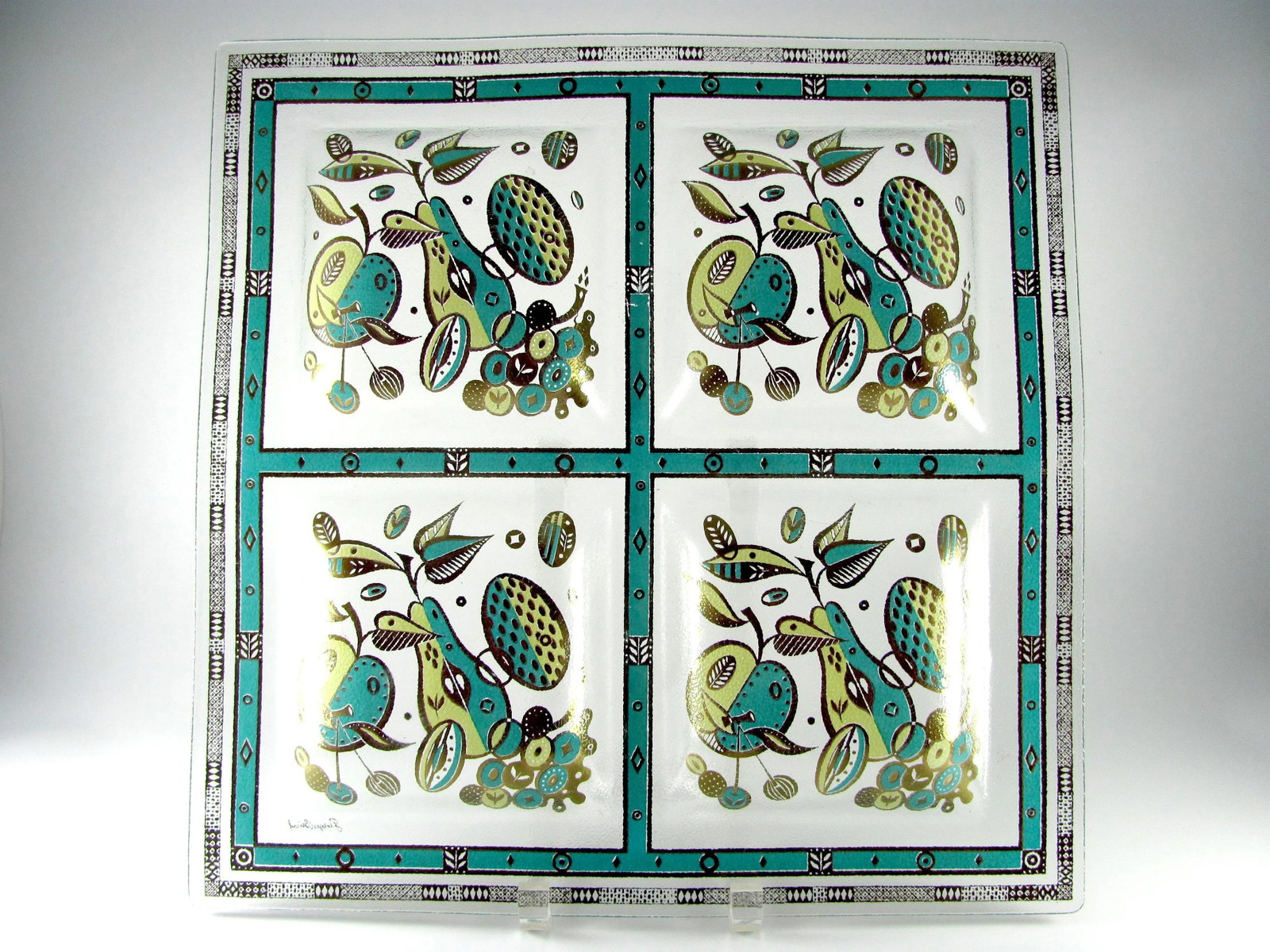15" Georges Briard Teal Turquoise Seafoam Chartreuse Gold Forbidden Fruit Four Section Barware Glass - 8