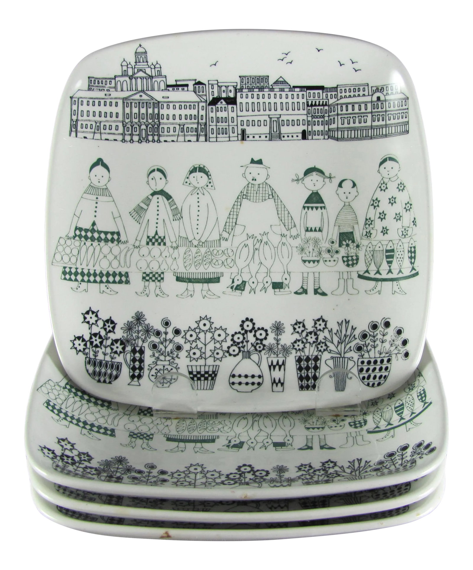 1960s Raija Uosikkinen for Arabia of Finland Kauppatori Appetizer Wall Plate Dish - Set of 4: Designed by Raija Uosikkinen (1923-2004) Kauppatori (marketplace) is an Illustration of people at the Helsinki marketplace. The people are in green, buildings and flowers in black One 1/4" chip on
