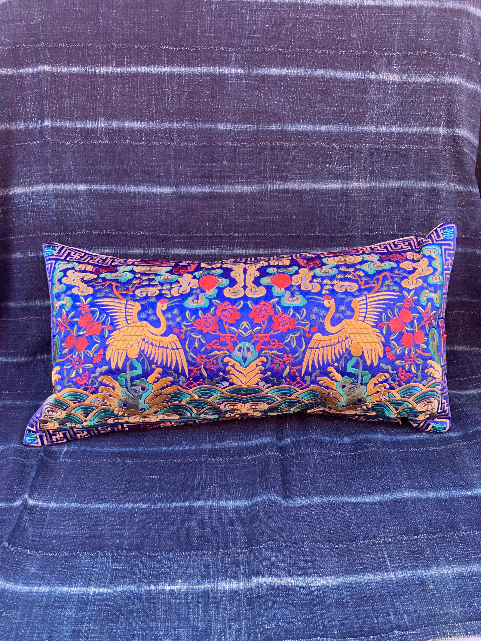 Hollywood Regency Royal Blue & Gold Silk Embroidered Cranes Chinoiserie Boudoir Lumbar Pillow - 10