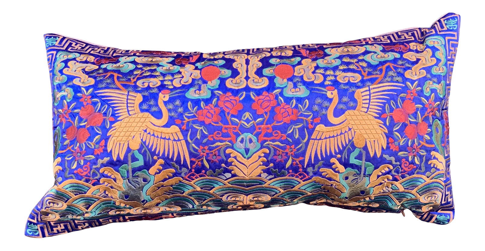Hollywood Regency Royal Blue & Gold Silk Embroidered Cranes Chinoiserie Boudoir Lumbar Pillow: Boudoir lumbar pillow made of a vintage colorful embroidered silk Asian textile fragment from a Chinese Opera Robe. A perfect little pop of color! New linen back and zipper closure. Custom down feathe