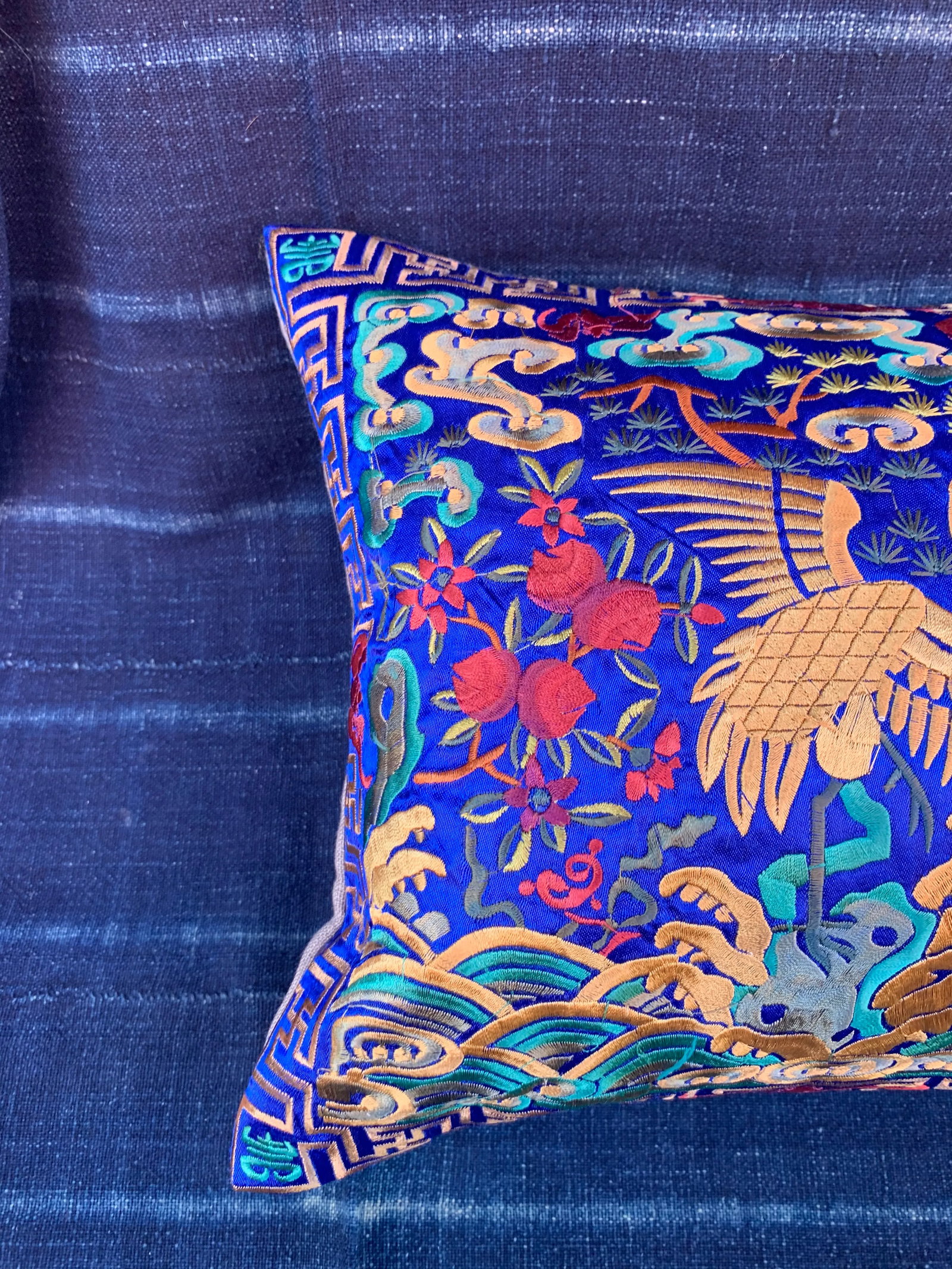 Hollywood Regency Royal Blue & Gold Silk Embroidered Cranes Chinoiserie Boudoir Lumbar Pillow - 8