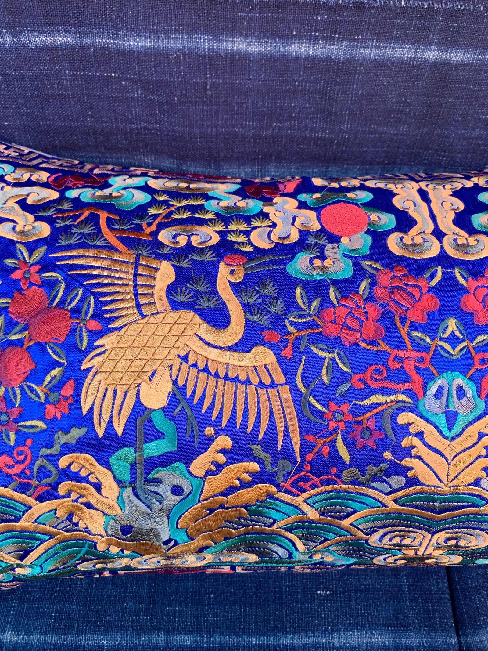 Hollywood Regency Royal Blue & Gold Silk Embroidered Cranes Chinoiserie Boudoir Lumbar Pillow - 9