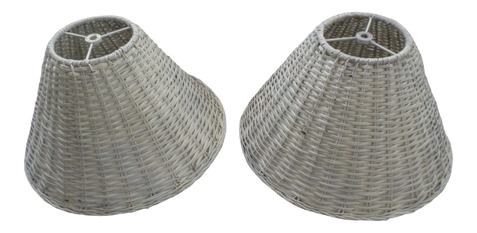 Vintage Bell Shaped White Wicker Lamp Shades - a Pair: This is a Vintage Pair of Wooden Wicker Bell Shaped White Boho Chic Lamp Shades that are 8" tall and 14" wide at base and 5" wide at top and in Nice Vintage Condition with Wear Normal for Age and use