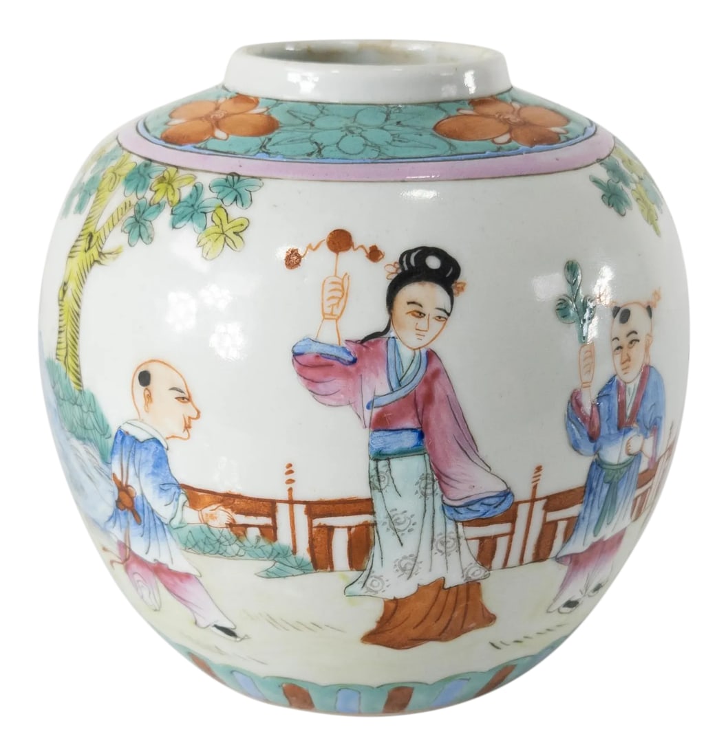 Chinese Chinoiserie Famille Rose Ginger Jar: We are selling this Chinese ginger jar. This ginger jar is decorated in famille rose palette with a garden scene with figures in bright enamels, the jar is probably mid to late 20th century. Condition