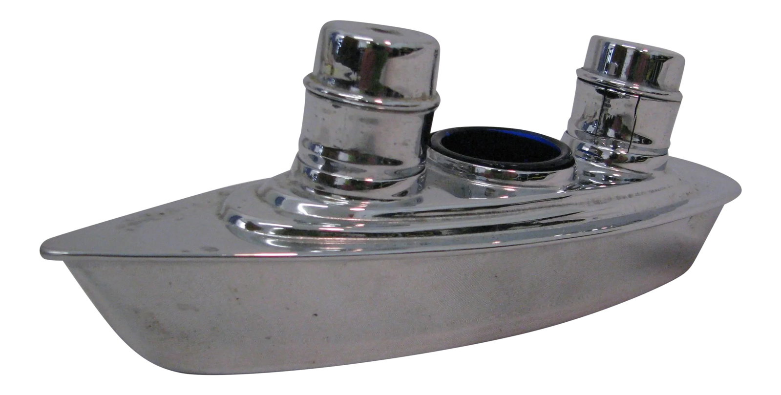 Vintage Mid Century Modern Silver Plate Ship Salt and Pepper Shakers: Vintage Mid Century Modern Silver Plate Ship Salt and Pepper Shakers. Mustard Jar is missing its lid. Measures 8" X 23/4" X 3", Each Shaker measures 21/4" X 1 1/4" Condition: Alterations: Original