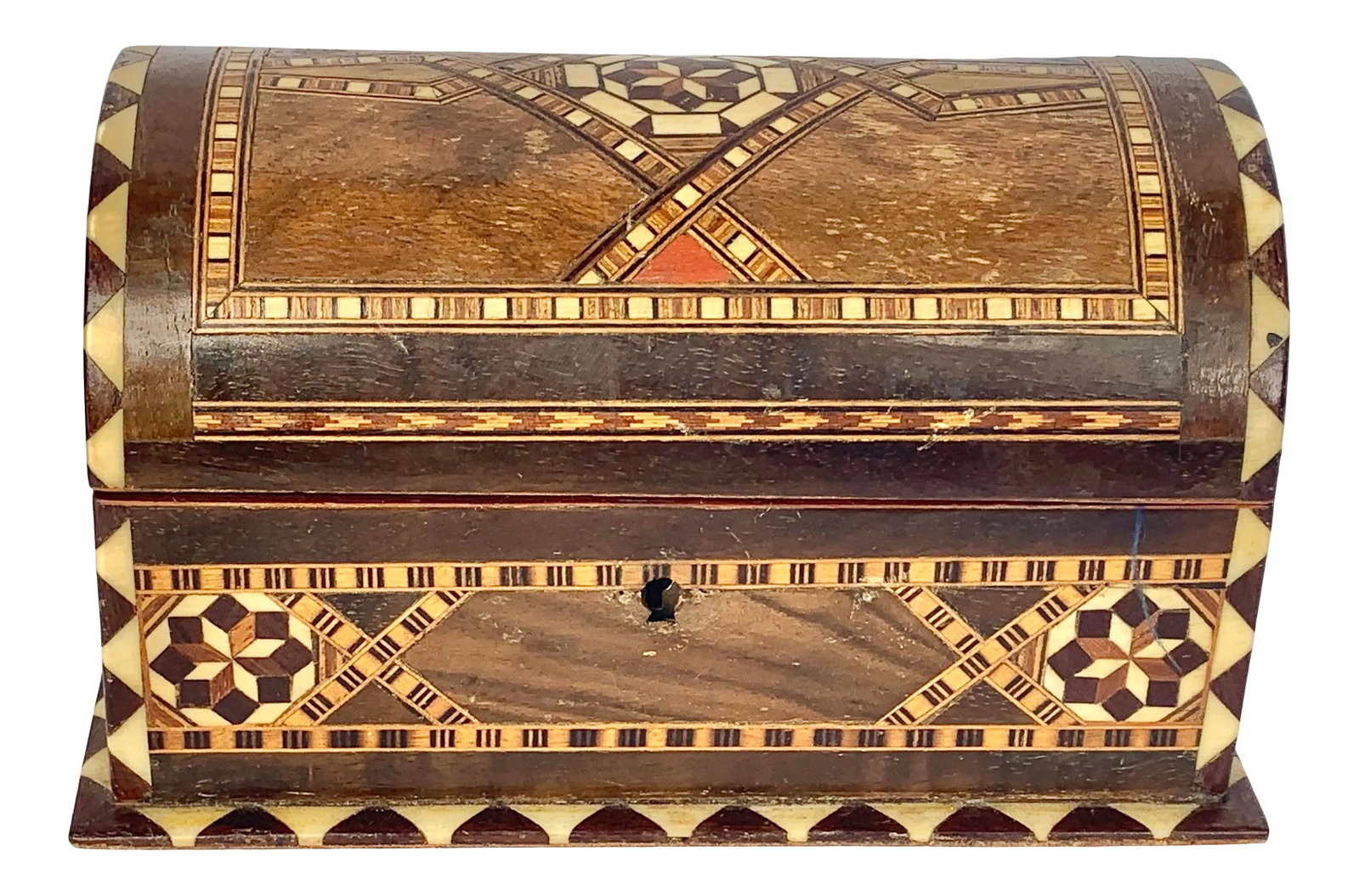 Vintage Inlaid Mother of Pearl and Wooden Trunk: Stunning vintage box. Made of wood and featuring inlaid mother of Pearl and various woods. Lined with a blue material. Perfect for use as a jewelry box or decorative accent. This is a pre-owned item