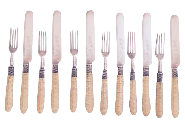Antique Carved Woven Handled Dessert Service - 12 Pieces: Beautifully carved, basket-woven handled Dessert Service, silver plate blades and tines with Sterling collars a "Pineapple" design, unmarked, engraved with naturalistic decoration. Please note the han