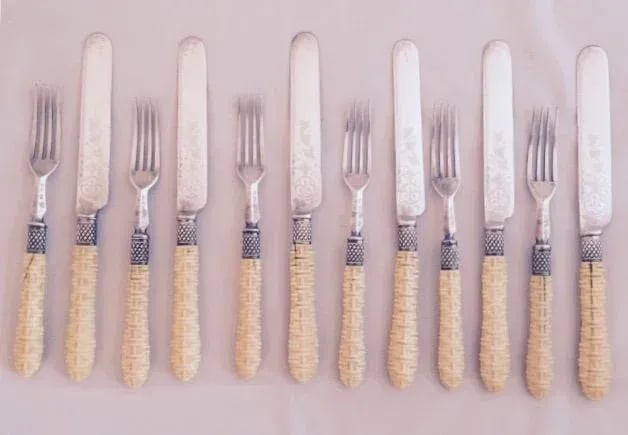 Antique Carved Woven Handled Dessert Service - 12 Pieces - 2