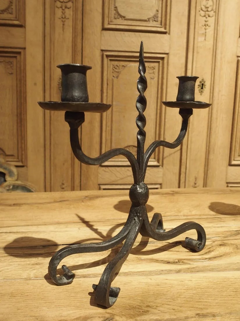 Pair of Early 1900s Forged Iron Candleholders From France - 12