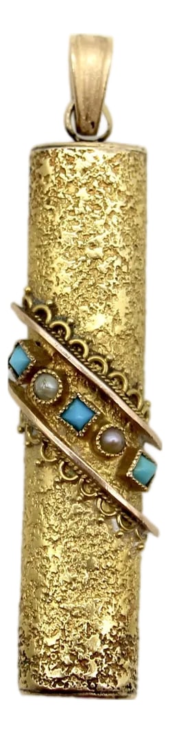 Late 19th Century 18k Gold Etruscan Revival Pendant With Turquoise & Pearls: This beautiful 18K gold Etruscan Revival Pendant has been tastefully converted from a horizontal bar pin to a vertical pendant. The design has a diagonal swatch comprised of turquoise and pearls,