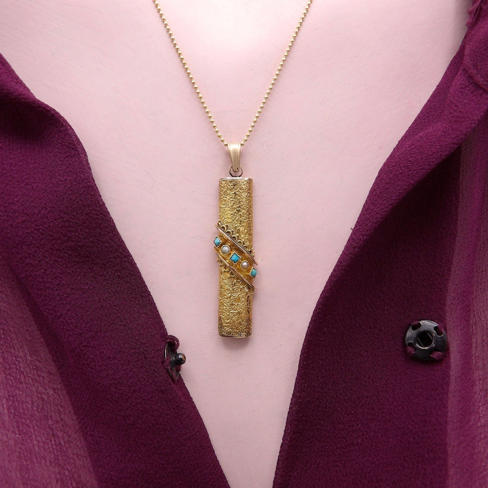 Late 19th Century 18k Gold Etruscan Revival Pendant With Turquoise & Pearls - 2