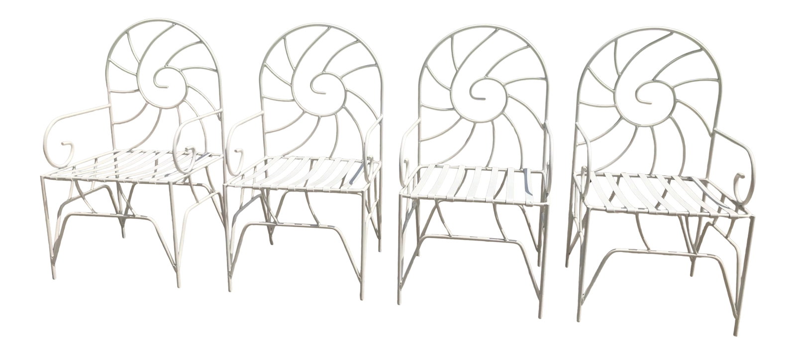 Art Nouveau Nautilus Shell Back Wrought Iron Arm Chairs: Magnificent completely restored with professional powder coating wrought-iron arm chairs with slatted seats and unusual Nautilus shell pattern back design. American, ca. 1930. Condition: Alterations: 