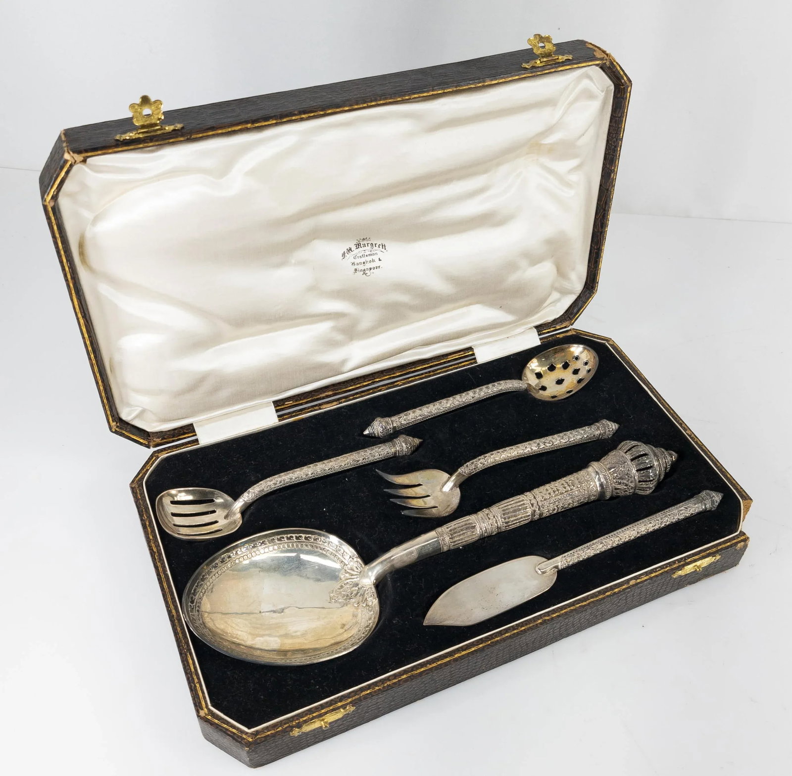 Early 20th Century Anglo Indian Style Boxed Sterling Silver Serving Set - 5 Pieces - 13