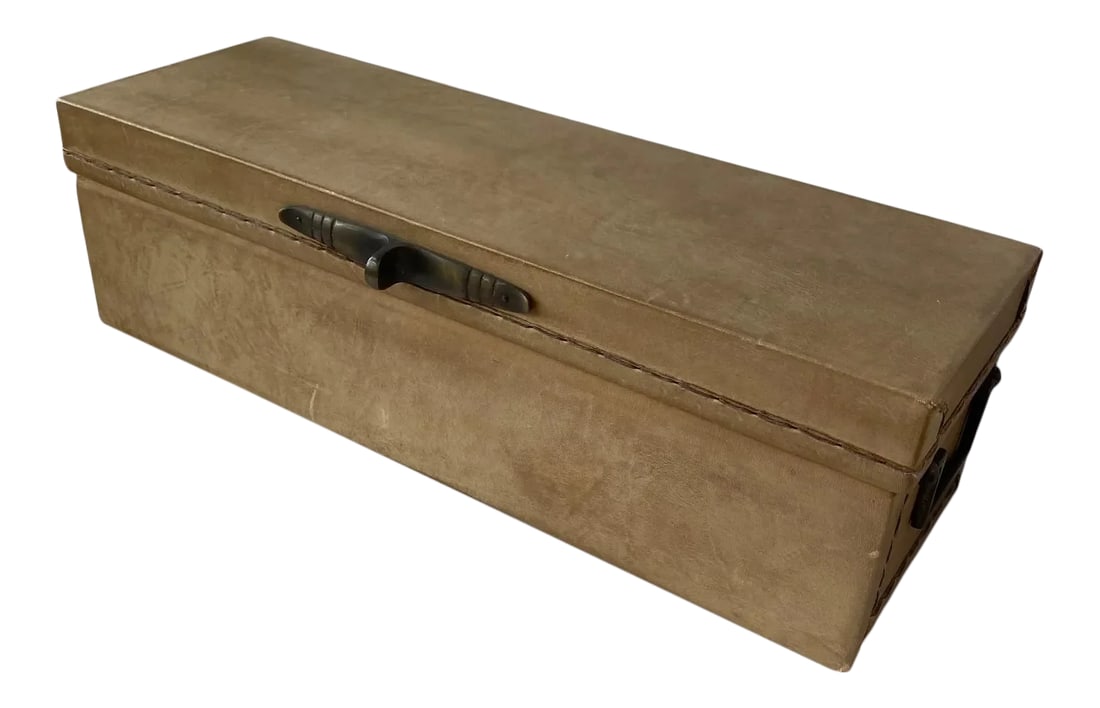 1980s Korean Scholar Box: Korean Scholar Box by Sarreid Ivory Leather Metal handles on sides and front Condition: Alterations: Original Condition Unaltered Imperfections: Some Imperfections Condition Notes: Showroom sample nev