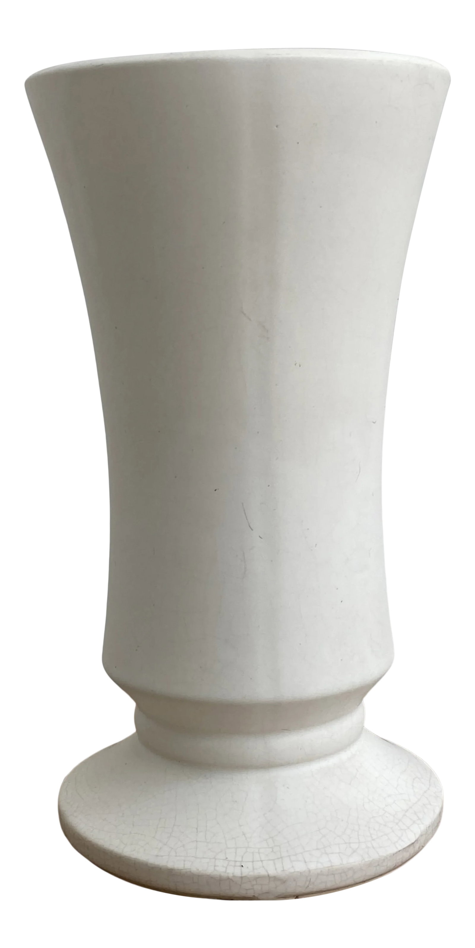 1940's Modern Matte White Ceramic Vase: 1940's Modern matte white ceramic vase. Simple design and elegant form. Condition: Alterations: Original Condition Unaltered Imperfections: Some Imperfections Condition Notes: In excellent condition. 