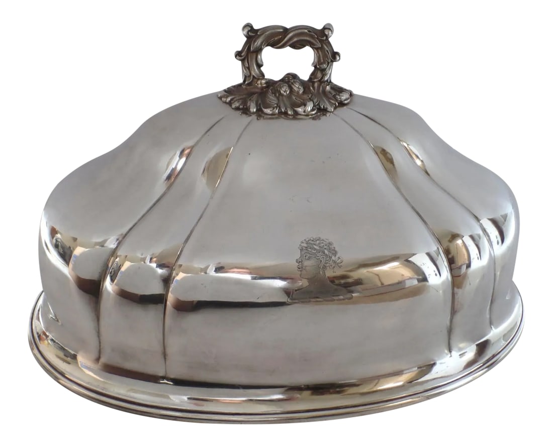 1830 English Sheffield Silver Meat Game Dome Armorial "Andros": English fused plated meat game dome by H. Wilkinson & Co and maker's initials. The in-let silver reserve engraved with family crest armorial. Very nice quality, beautiful work. Maker's mark HR and cro